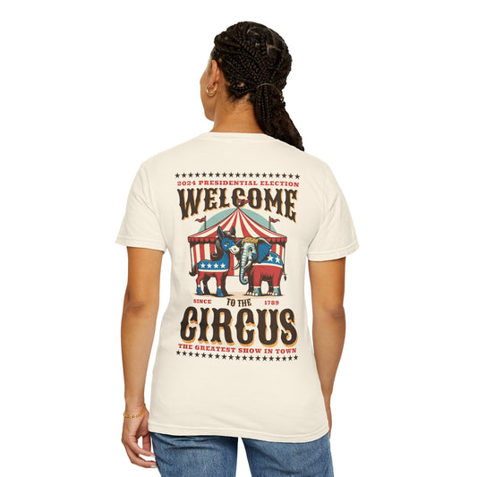 Camiseta de circo político de dos caras | Camiseta unisex teñida con sátira de elefante y burro, colores cómodos para elecciones 1717