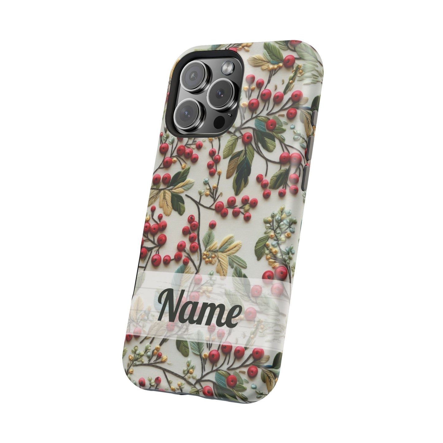 December Birth Month Flower Phone Case Faux Holly Beads Embroidered Custom, Personalized Christmas Winter Magnetic Tough Cases for iPhone