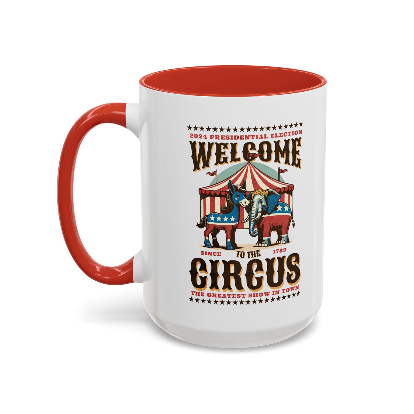 Political Circus Coffee Mug (11, 15oz) - Republican Democrat Independent Elephant Donkey