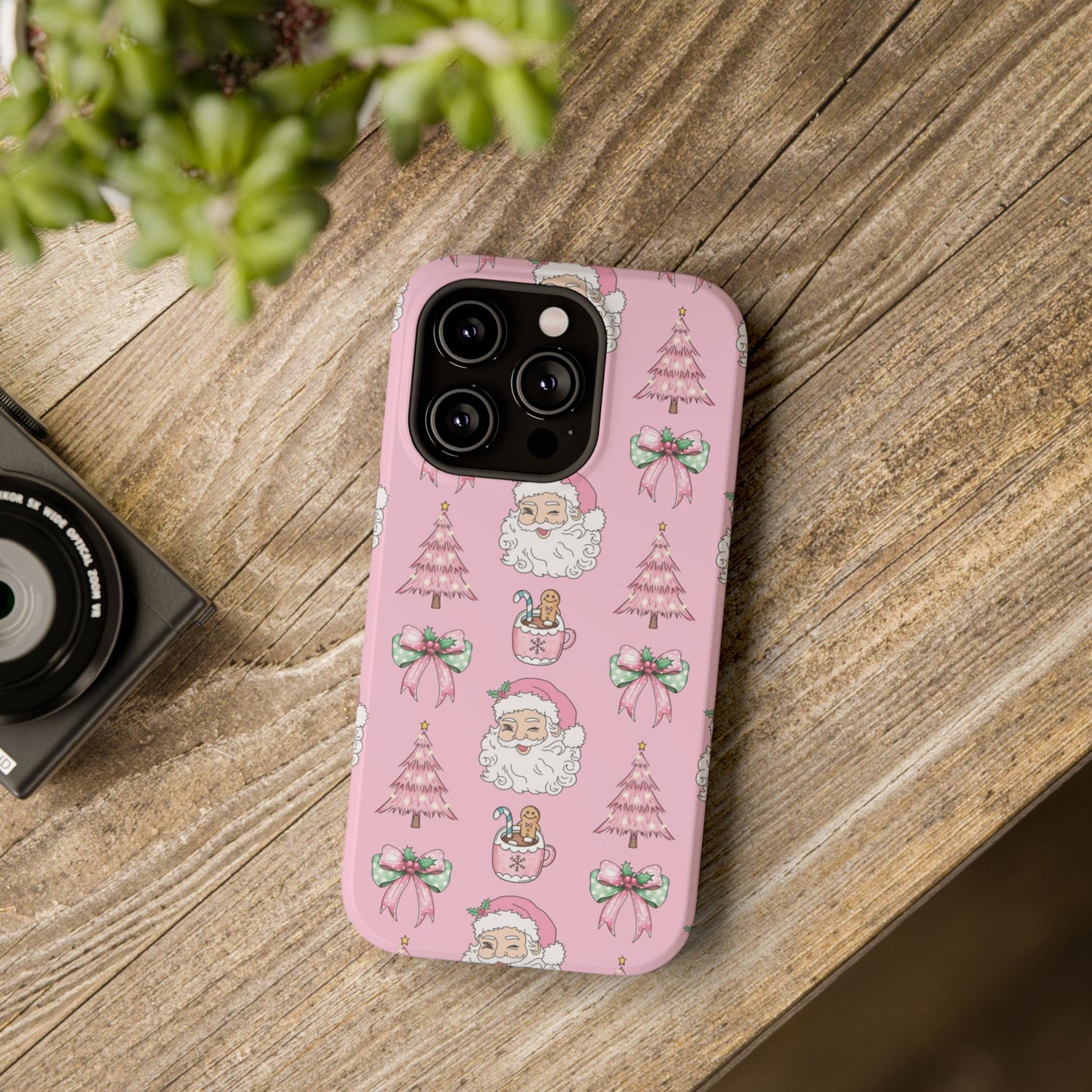 Pink Retro Santa & Coquette Bow Christmas Phone Case - Christmas Phone Case Impact-Resistant Case