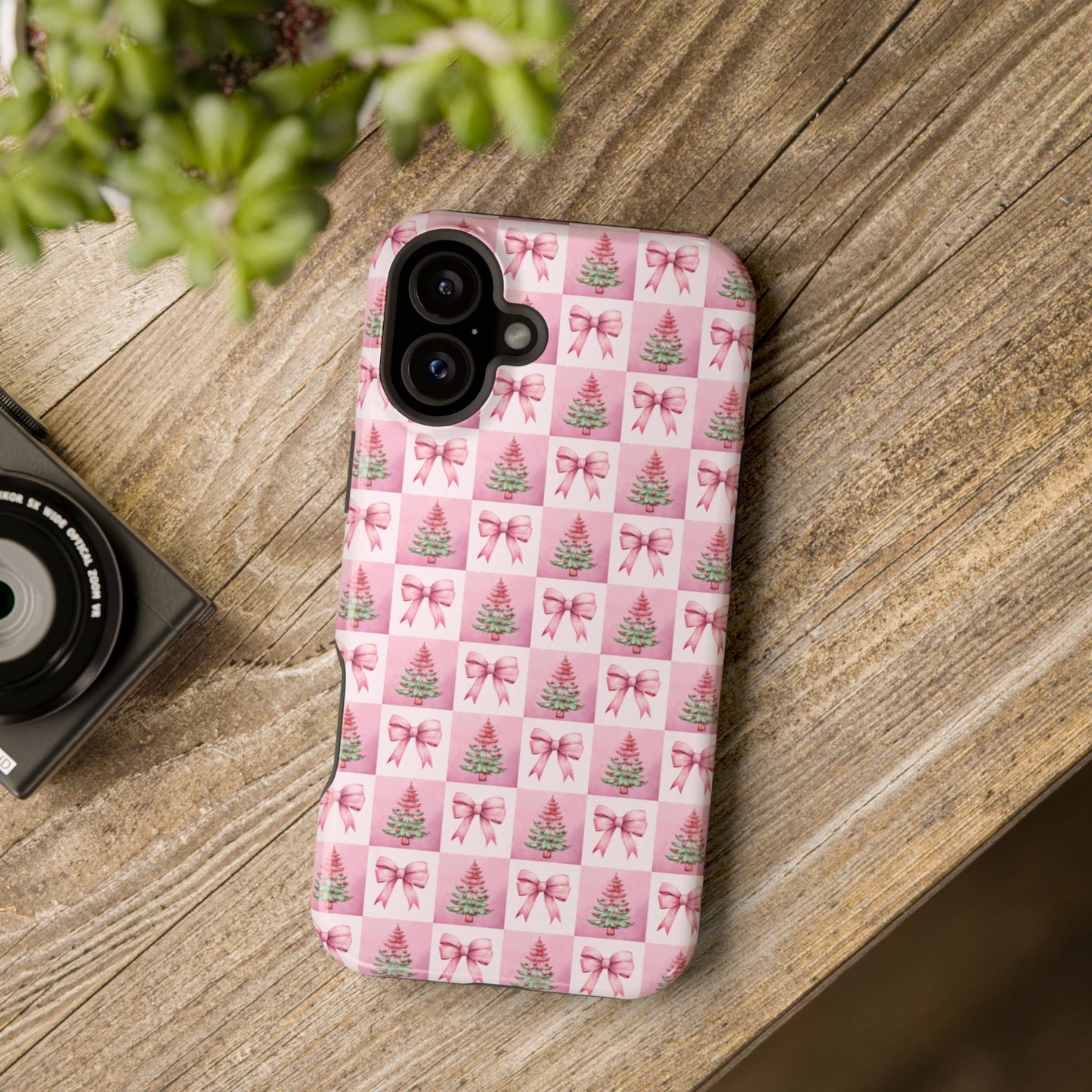 Pink Retro Christmas Tree & Coquette Phone Case - Christmas Phone Case Impact-Resistant Cases iPhone Samsung