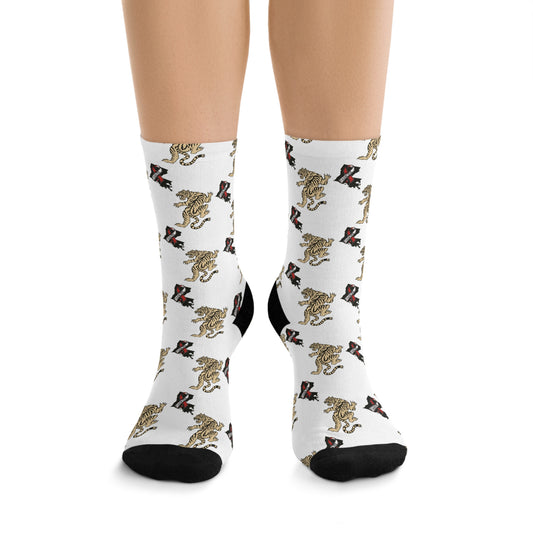 CAJUB DEB Vintage Tiger Crew Socks Eco-Friendly Animal Print Socks - Fun & Stylish Recycled Poly Socks MDS Awareness Support Socks One Size Unisex