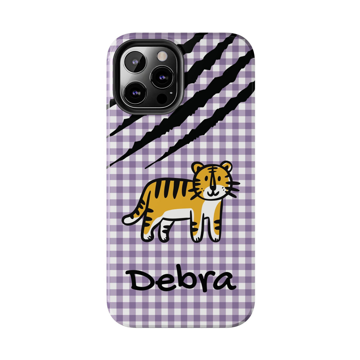 Personalized doodle tiger gingham phone case with custom name, for iPhone 12 Pro Max