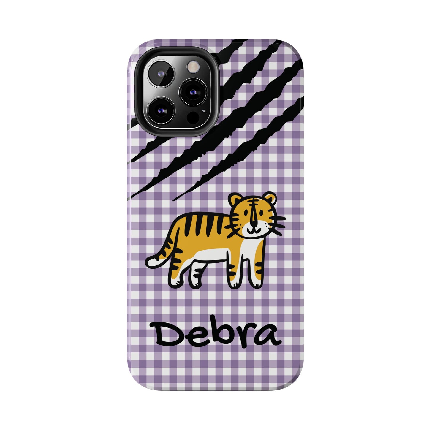 CAJUN DEB Personalized Vintage Tiger Purple Gingham Phone Case – Cute Purple Gingham Tough Phone Case with Claw Marks CAJUN DEB