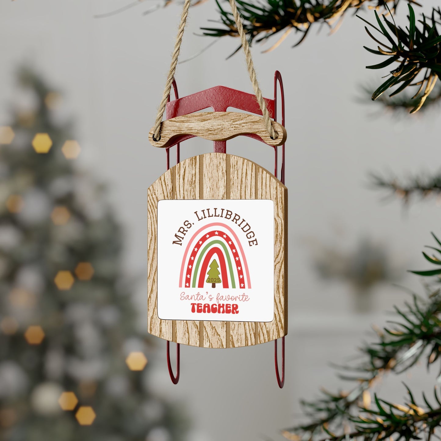 Santa's Favorite Teacher Sled Ornament | custom sled christmas gift personalized