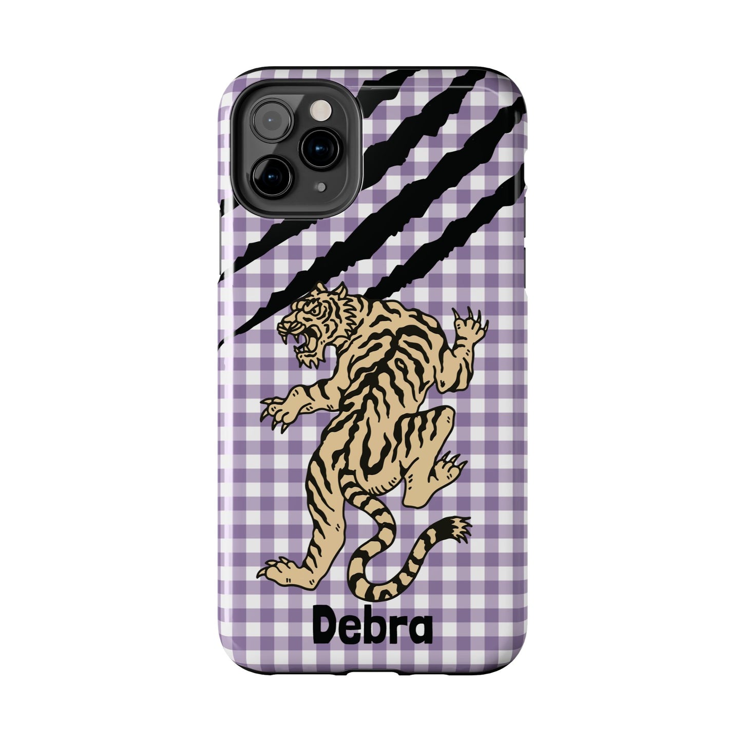 CAJUN DEB Personalized Vintage Tiger Purple Gingham Phone Case – Cute Purple Gingham Tough Phone Case with Claw Marks CAJUN DEB