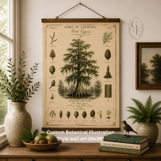 Botanical Wall Hanging — Bald Cypress Tree, Flora of Louisiana Vintage Print | Cajun Deb