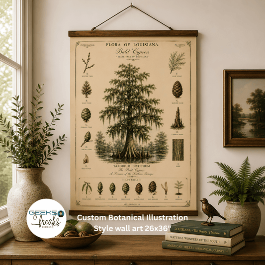 Vintage Botanical Wall Tapestry — 'Flora of Louisiana' Bald Cypress Tree Hanging Wall Print CAJUN DEB