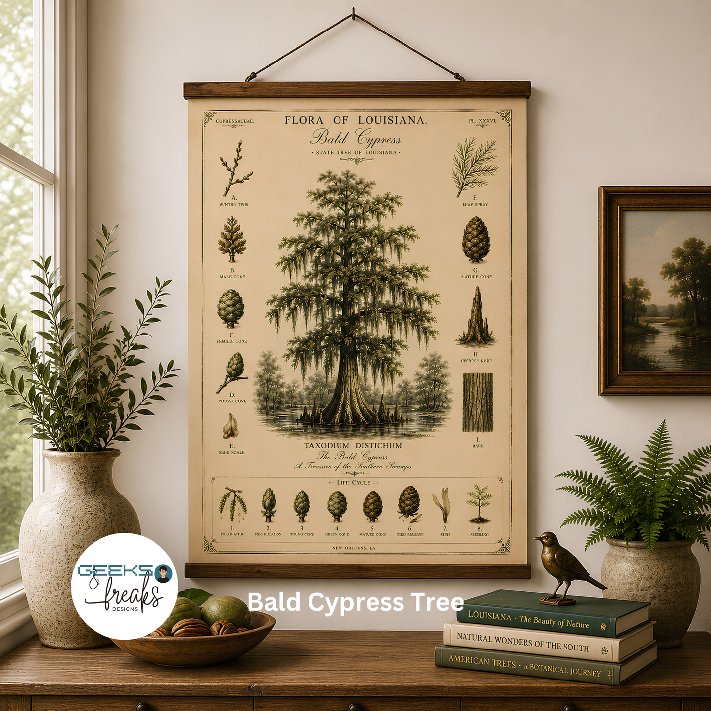 Vintage Botanical Wall Art — 'Flora of Louisiana' Bald Cypress Tree Hanging Wall Print CAJUN DEB