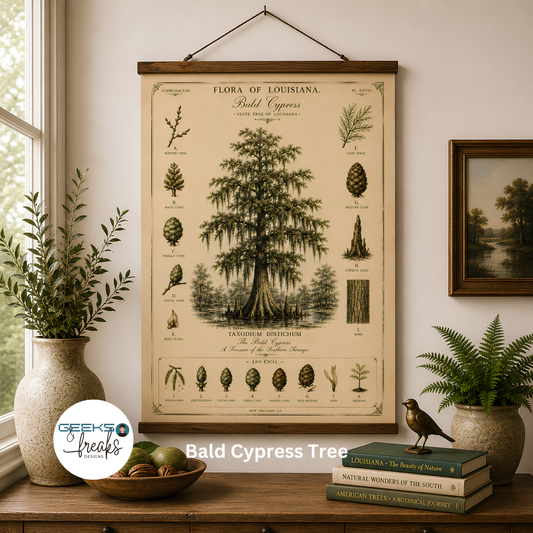 Vintage Botanical Wall Tapestry — 'Flora of Louisiana' Bald Cypress Tree Hanging Wall Print CAJUN DEB