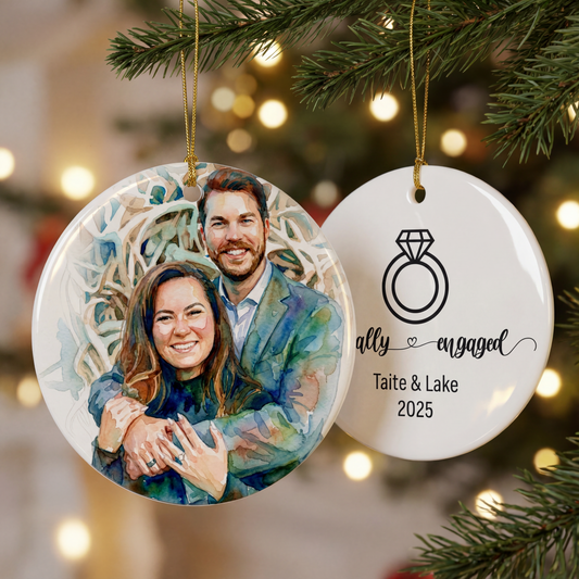 Personalized Double‑Sided Ceramic Engagement Custom Ornament — Watercolor Portrait Front & “Finally Engaged” Back (Custom Photo, Names, & Year)