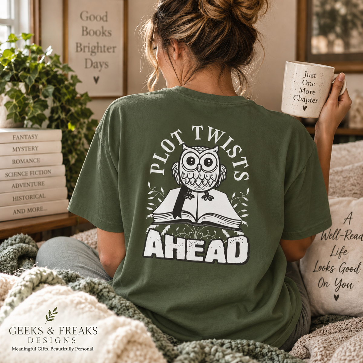 PLOT TWISTS AHEAD bookworm reading book lover geek nerd gift - Bella Canvas 3001 Unisex Jersey Short Sleeve Tee, front & back print