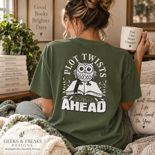 PLOT TWISTS AHEAD bookworm reading book lover geek nerd gift - Bella Canvas 3001 Unisex Jersey Short Sleeve Tee, front & back print