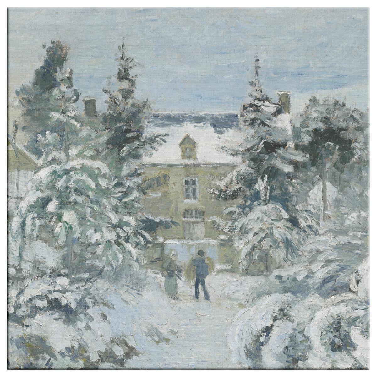 Snowy cottage winter scene canvas wrap, square format vintage-style wall art