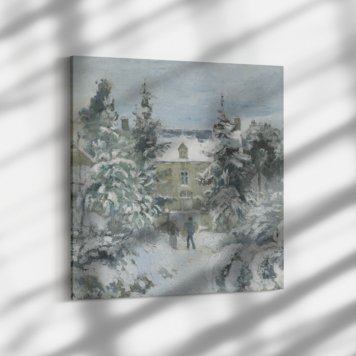 Snowy cottage winter scene canvas wrap with dramatic side lighting showing canvas texture