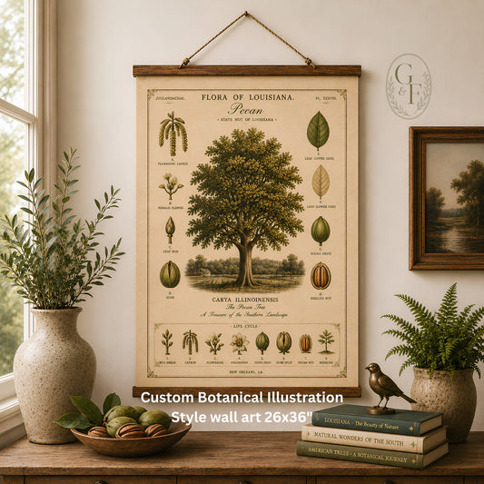 Botanical Wall Hanging — Pecan Tree, Flora of Louisiana Vintage Print | Cajun Deb